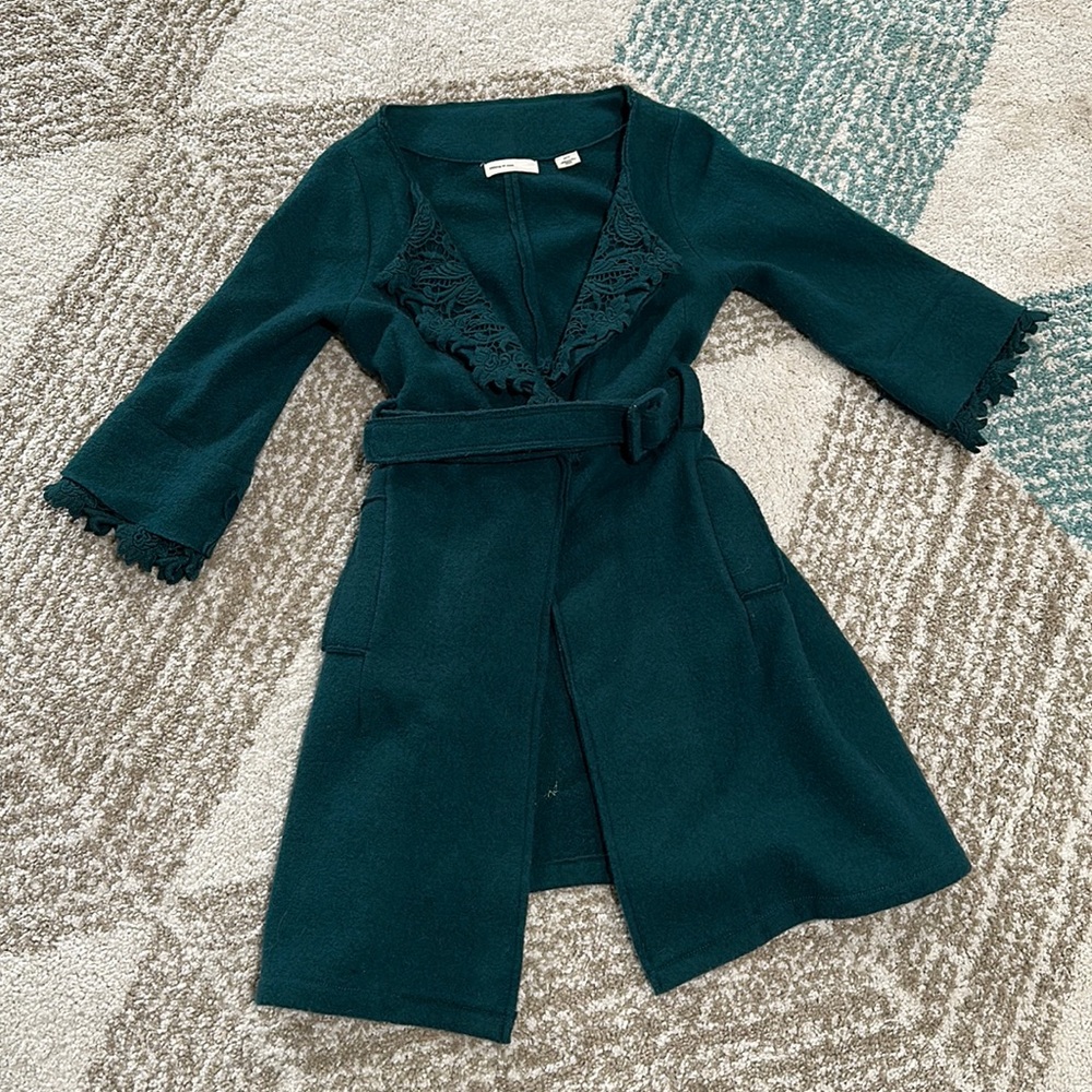 Anthropologie Sleeping on Snow wool dress coat 3/4 sleeve belted XS